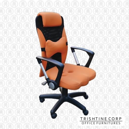 Orange Office Executive Chair with Headrest (Category: Chairs) located in Caloocan City. Submitted by trishtine_jim9 (Listing ID 1437213396, Image 1). Description: Comfortable office chair in orange. Features a headrest, armrests, and a lumbar support pillow. The chair has a black base with wheels for easy movement. The back of the chair has a mesh design for breathability. Perfect for long hours of work or study. Disclaimer: Price is for Posting