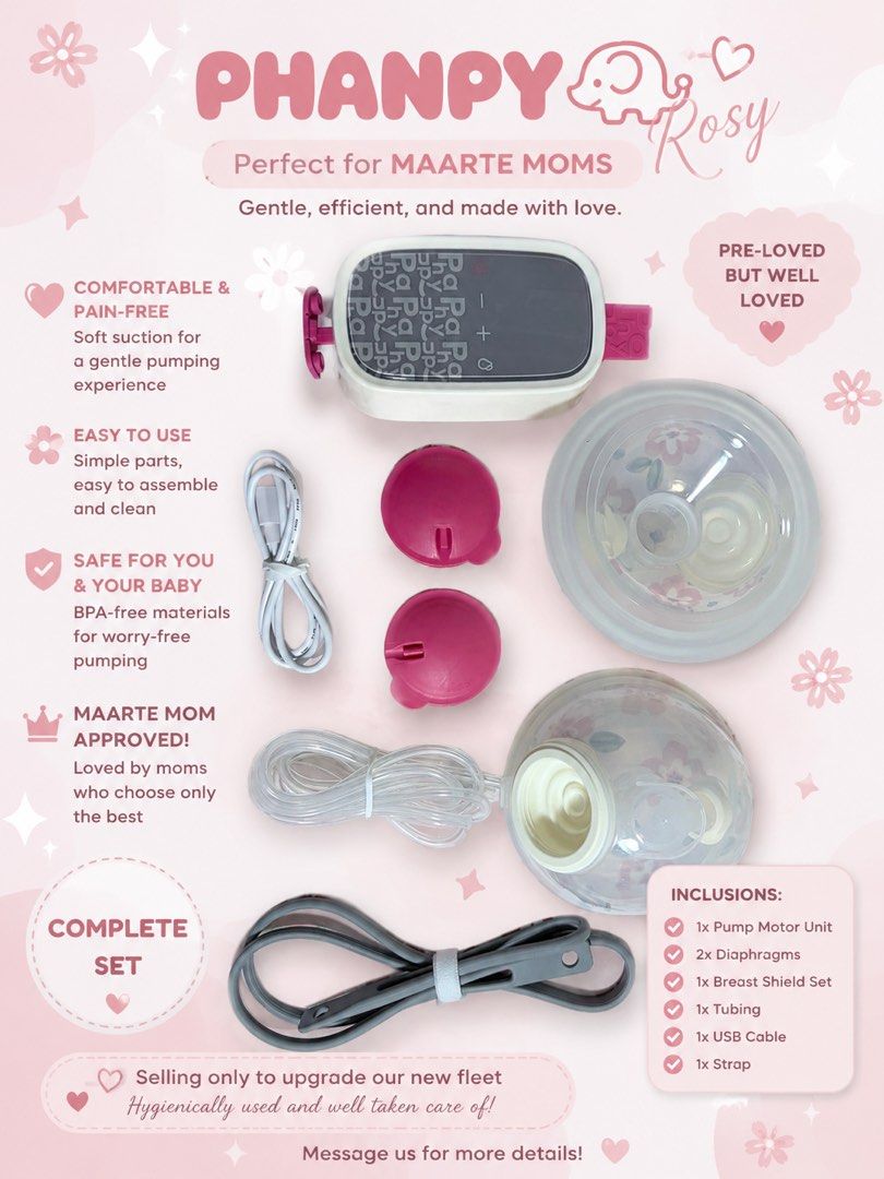 Phanpy Rosy Breast Pump Complete Set (Category: Breastfeeding & Bottle Feeding) located in Manila. Submitted by marydarlen03227 (Listing ID 1437360385, Image 1). Description: - Pre-loved Phanpy Rosy breast pump - Complete set: pump motor, diaphragms, breast shield set, tubing, USB cable, and strap - Perfect for Maarte moms! - Comfortable, pain-free soft suction - Gentle pumping experience - Easy to assemble and clean - BPA-free materials.