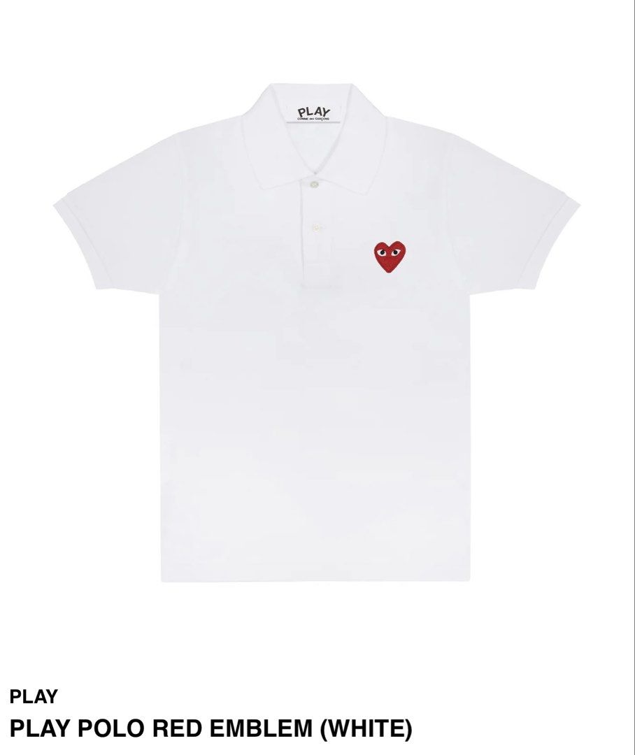 Play Comme des Garcons Polo Red Emblem (White) (Category: Shirts) located in Sarrat. Submitted by phoenixchristie (Listing ID 1437285720, Image 1). Description: - Play Comme des Garcons polo shirt - Color: White - Features the iconic red heart emblem - Size: Large -RFS: got the wrong size .