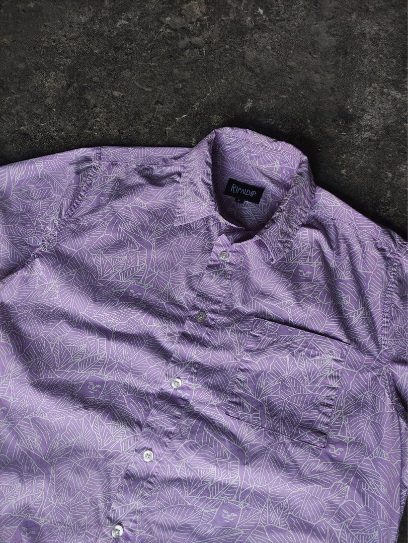 Ripndip Nermal Leaf Button Up Purple (Category: Activewear) located in Bocaue. Submitted by mosthighcollective (Listing ID 1437269801, Image 1). Description: Ripndip Nermal Leaf Button Up Size: S on tag Dimes: 21 width 27.5 length Good as new condition No issue 1200 only Dm me to purchase 📥.
