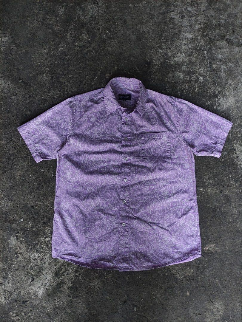 Ripndip Nermal Leaf Button Up Purple (Category: Activewear) located in Bocaue. Submitted by mosthighcollective (Listing ID 1437269801, Image 2). Description: Ripndip Nermal Leaf Button Up Size: S on tag Dimes: 21 width 27.5 length Good as new condition No issue 1200 only Dm me to purchase 📥.
