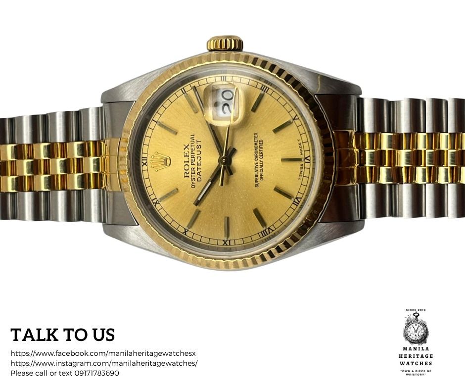 ROLEX OYSTER PERPETUAL DATEJUST (Category: Luxury Watches) located in Makati City. Submitted by Manilaheritagewatches (Listing ID 1437366379, Image 3). Description: - Flexible Payment Options: 12 Months, 0% Interest - As low as Php 29k per month The Rolex Datejust 16233 is a timeless classic, blending precision and luxury with its iconic design and durable construction. Featuring a stunning two-tone stainless steel and 18k gold bracelet, this wat
