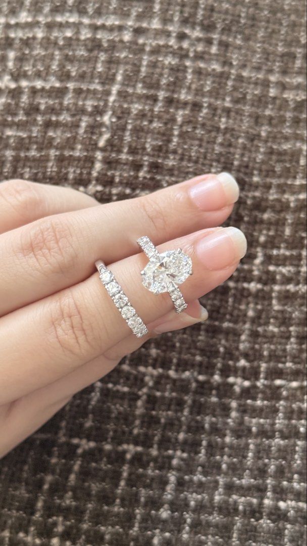 RUSH!!! RUSH!!! Diamond Ring Set (Category: Rings) located in Quezon City. Submitted by jermaerefe (Listing ID 1437308867, Image 1). Description: Engagement ring -lab grown diamond with IGI certification -3 carat -setting in 4 grams 4prong 14k white gold -5 side stones on each side Wedding ring -half eternity -lab grown melee stones -setting in 14k white gold All in size 6 MOP: BANK TRANSFER ONLY.
