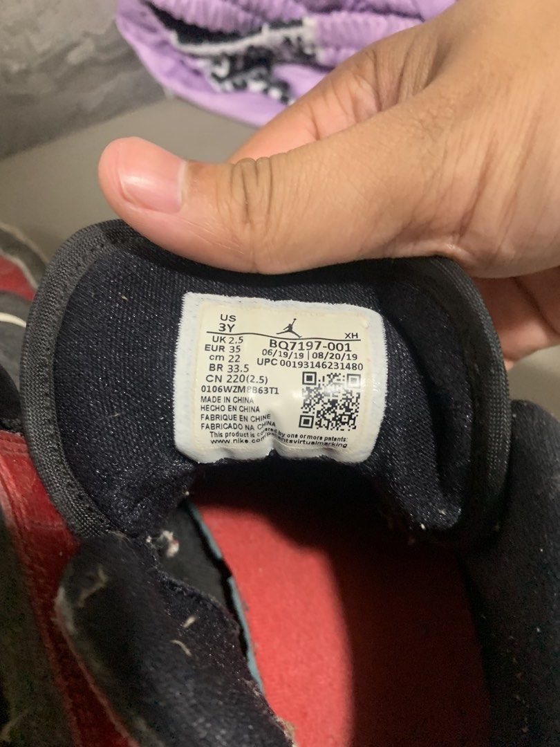 Sky Jordan 1 High Top Sneakers (Category: Sneakers) located in Manila. Submitted by angeloujos65502 (Listing ID 1437352554, Image 1). Description: - Sky Jordan 1 high-top sneakers - Color: Black and Red - Size: US 3Y - Features a velcro strap with Sky Jordan logo - White sole - Manufacturing date: 08/19/19.
