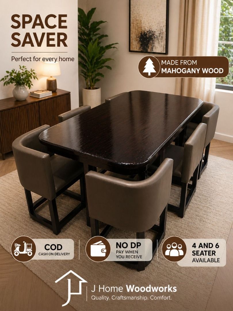 Space Saver Dining Table 4, 6 OR 8 Seater (Category: Tables & Sets) located in Manila. Submitted by jhomewoodworks (Listing ID 1437211588, Image 1). Description: Ideal for small spaces (Condo, Small House, Small Apartment) FREE ASSEMBLE We Deliver in NCR+, Philippines NO DOWNPAYMENT CASH ON DELIVERY Materials ✔️ Table: -Top: Marine Plywood -Body/Feet: Mahogany Wood ✔️ Chair: -Mahogany Wood -German Leather -Uratext Foam ✔️ With top glass ✔️ Smooth
