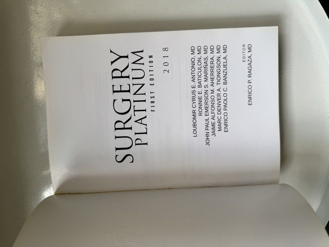 Surgery Platinum First Edition 2018 (Category: Textbooks) located in Manila. Submitted by silverbird.27280a (Listing ID 1437243708, Image 3). Description: - Surgery Platinum First Edition 2018 - Medical textbook - Contains detailed medical information Never been used, slight scratch lang from the inside, no issues on the inside Selling it for 500 pesos only. RFS: Decluttering!! Delivery via J&T Location: Batangas City.