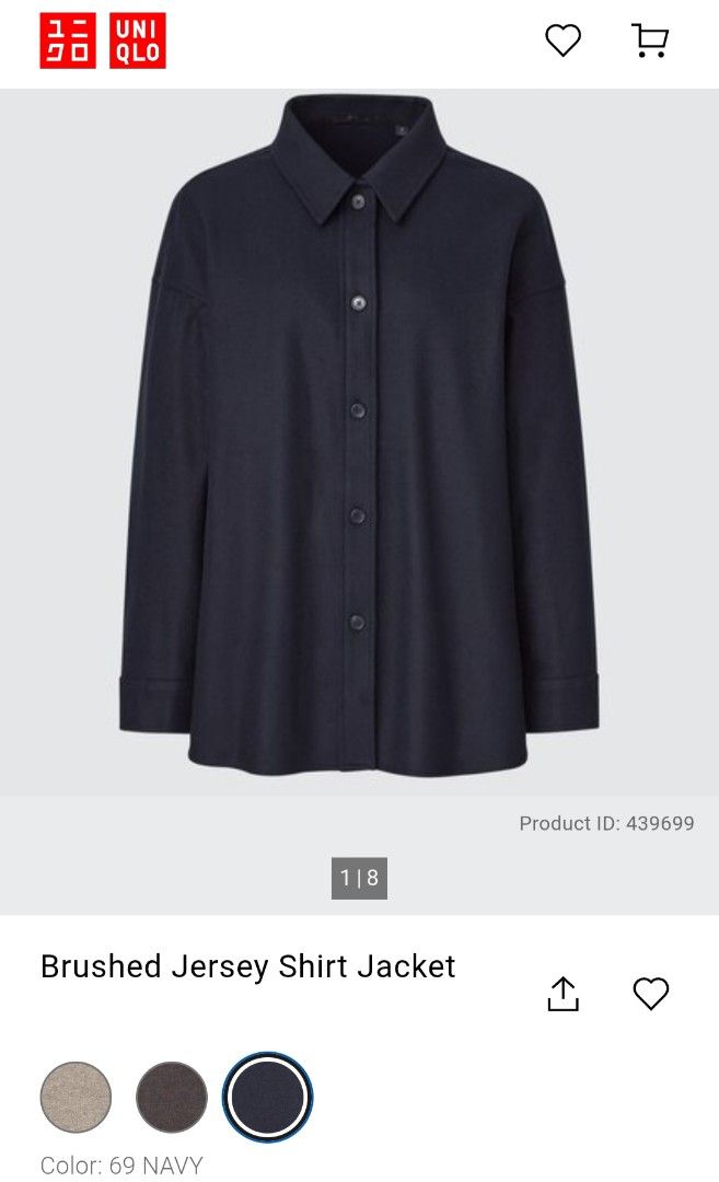 UNIQLO Brushed Jersey Shirt Jacket (Category: Coats, Jackets and Outerwear) located in Basista. Submitted by purpleens_shop (Listing ID 1437330818, Image 2). Description: Navy Blue 💙 10/10.
