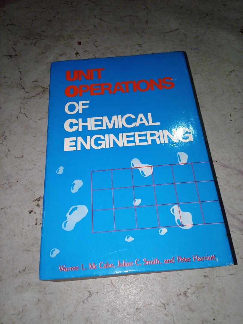 Unit Operations of Chemical Engineering Textbook (Category: Textbooks) located in Manila. Submitted by daz_z (Listing ID 1437338712, Image 1). Description: Textbook is titled "Unit Operations of Chemical Engineering". It covers topics related to chemical engineering. The authors are Warren L. McCabe, Julian C. Smith, and Peter Harriott. The book has a blue cover with white and red text. It features a grid and water droplet illustrations..