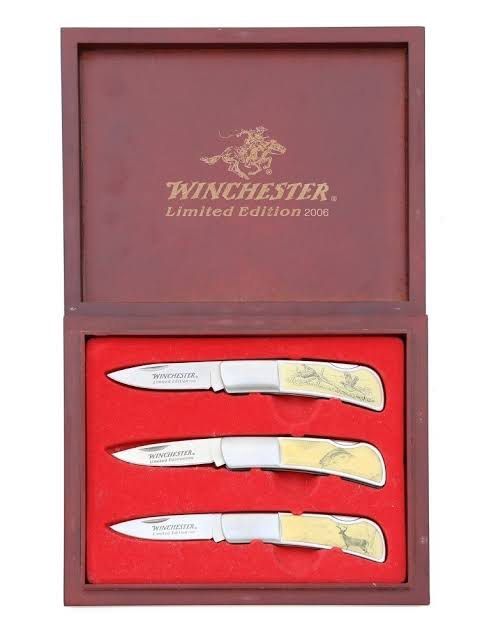 Winchester Limited edition 2006 knife set (Category: Other Sports Equipment and Supplies) located in Pasig City. Submitted by jankris (Listing ID 1437173098, Image 2). Description: In a wooden box No damage no rust on the blades Just signs of old at the box.