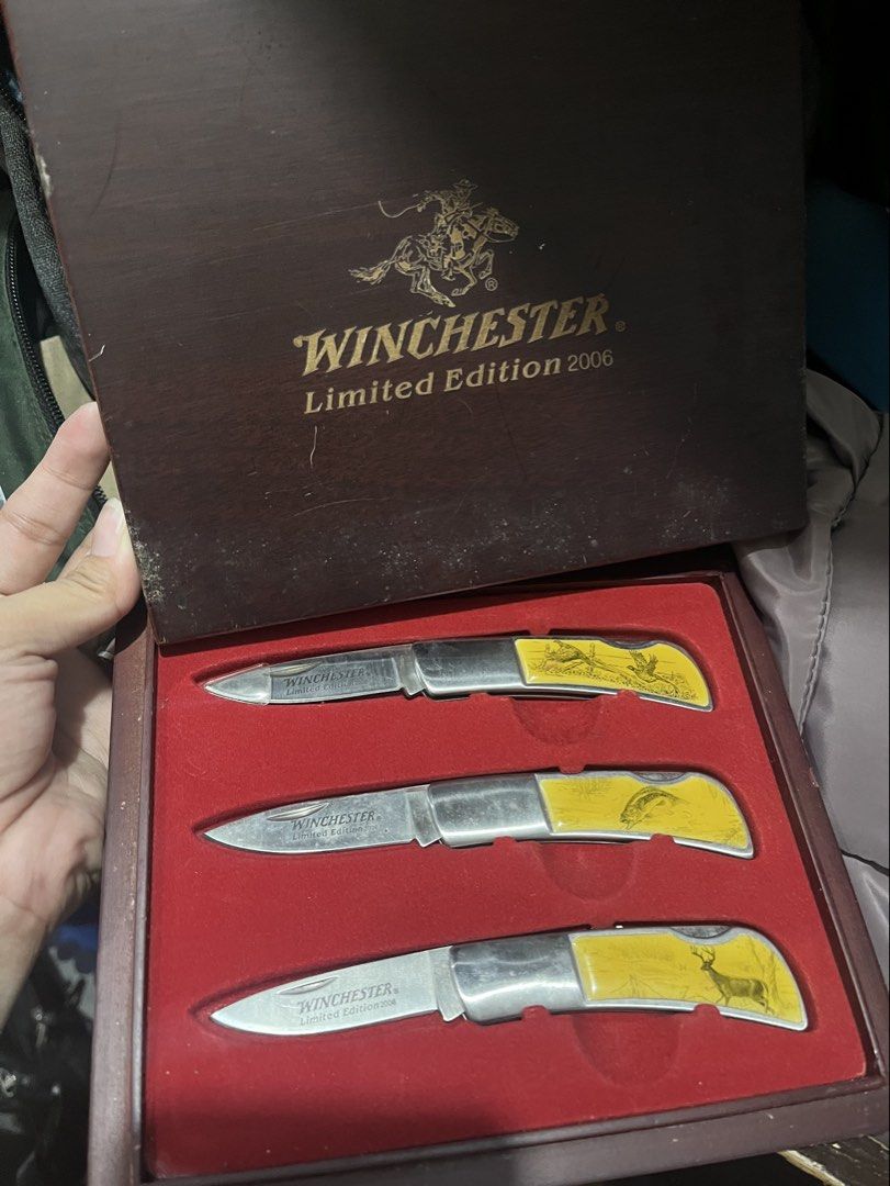Winchester Limited edition 2006 knife set (Category: Other Sports Equipment and Supplies) located in Pasig City. Submitted by jankris (Listing ID 1437173098, Image 1). Description: In a wooden box No damage no rust on the blades Just signs of old at the box.