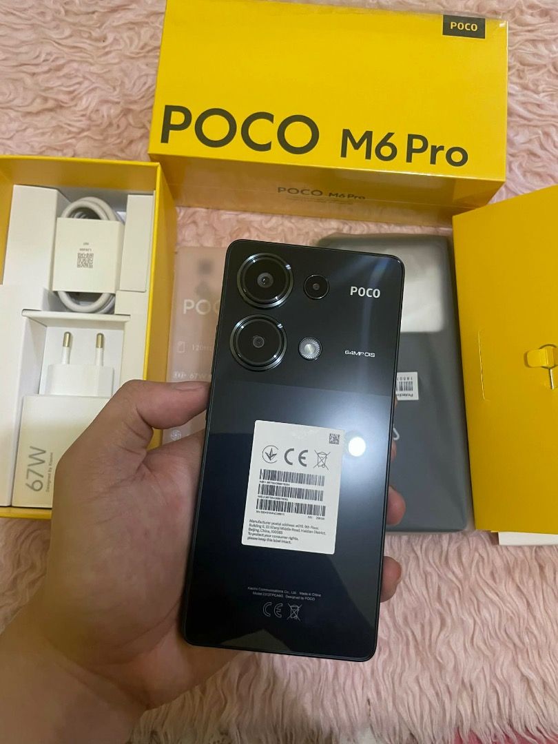 Xiaomi Poco M6 Pro 16/256GB (Category: Xiaomi) located in San Fernando. Submitted by marytuazon7 (Listing ID 1437306883, Image 1). Description: Brandnew Xiaomi Poco M6 Pro PHP 3,000 fix rush. Just opened to check 16/256gb RAM Helio G99 Ultra. Color Black 6.67" 1080x2400 pixels. 16MP front camera 64MP+8MP+2MP triple camera 5000mAh 67W. 120hz refresh rate Memory extension 3.0 Package Contents Mobile Phone, Adapter, USB Type-C Cable, SIM Eject Tool,