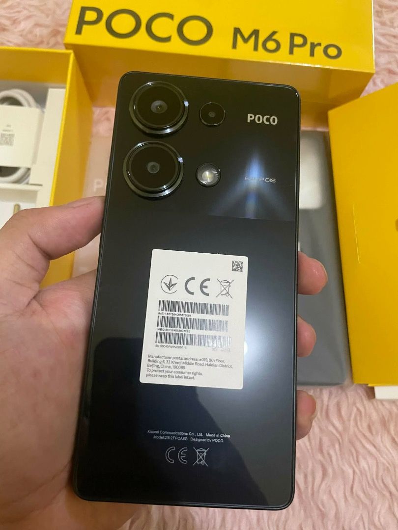 Xiaomi Poco M6 Pro 16/256GB (Category: Xiaomi) located in San Fernando. Submitted by marytuazon7 (Listing ID 1437306883, Image 2). Description: Brandnew Xiaomi Poco M6 Pro PHP 3,000 fix rush. Just opened to check 16/256gb RAM Helio G99 Ultra. Color Black 6.67" 1080x2400 pixels. 16MP front camera 64MP+8MP+2MP triple camera 5000mAh 67W. 120hz refresh rate Memory extension 3.0 Package Contents Mobile Phone, Adapter, USB Type-C Cable, SIM Eject Tool,