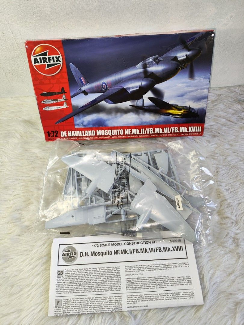 Airfix 1:72 De Havilland Mosquito Model Kit (Category: Home Improvement Tools & Accessories) located in Cavite. Submitted by tinetaclesss (Listing ID 1437444592, Image 1). Description: - Airfix 1:72 scale model kit - De Havilland Mosquito NF.Mk.II/FB.Mk.VI/FB.Mk.XVIII - Unassembled plastic parts - Includes instruction sheet - Box art shows finished model - Parts are still sealed.