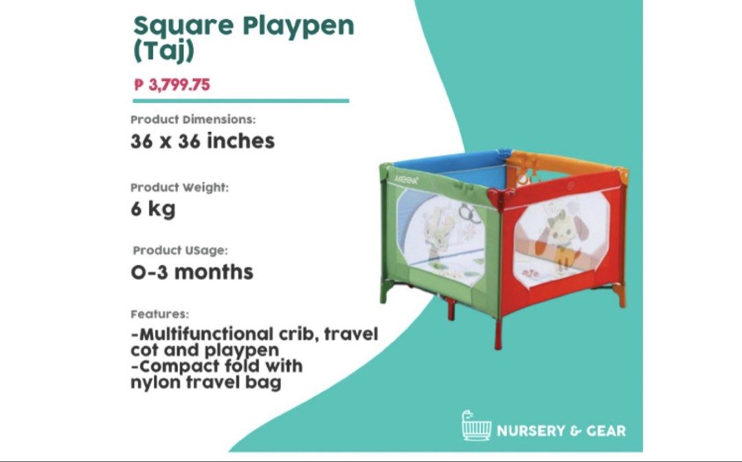 Akeeva Square Playpen (Taj) (Category: Cots & Cribs) located in Manila. Submitted by realprelovedbylmhr (Listing ID 1437495108, Image 1). Description: - Suitable for babies aged 0-3 months - Multifunctional: Crib, travel cot, and playpen - Dimensions: 36 x 36 inches - Weight: 6 kg - Compact fold design - Includes nylon travel bag for easy portability -USED ONCE; can send video how to open and close.