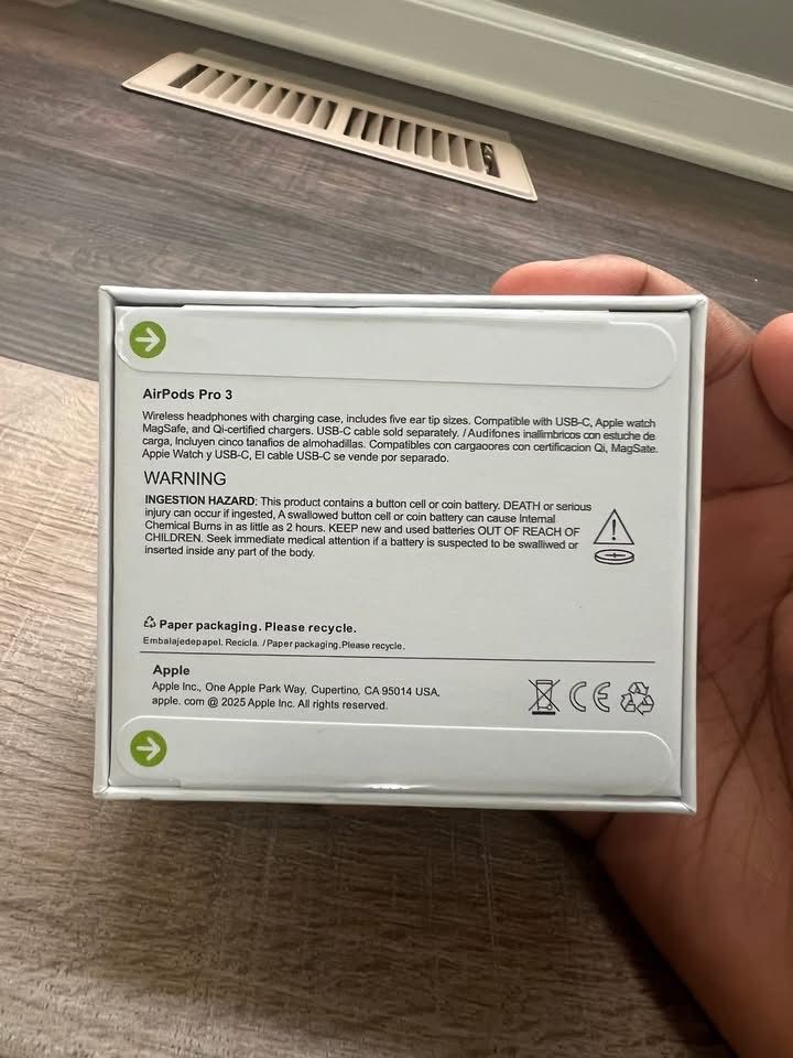Apple AirPods Pro 3rd Gen (Category: Earphones) located in Caloocan City. Submitted by mrbigdreams (Listing ID 1437428951, Image 3). Description: - Apple AirPods Pro (3rd Generation) with charging case - Includes five ear tip sizes for a custom fit - Comes with a USB-C cable - Compatible with USB-C, Apple Watch, MagSafe, and Qi-certified chargers - Designed in California, made in Vietnam - Model numbers: A3064, A3065, A3063 - Serial number: M61YD