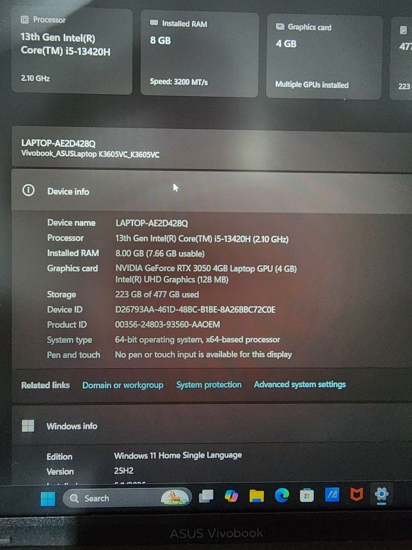 Asus vivobook x16 k3605VC (Category: Laptops & Notebooks) located in Manila. Submitted by zero_none (Listing ID 1437577630, Image 2). Description: Sale or swap asus vivobook 16x k3605VC+10k to ur iphone 17 pro max Specs 13th gen i5-13420 (2.10GHz) 8gb ram Nvidia geforce 3050 4gb laptop gpu (4gb) intel(R) UHD (128) (smooth for gaming and multi tasking) 512gb storage Last april 30, 2026 lang nabili 2yrs warranty pa po No issue complete with box,cha