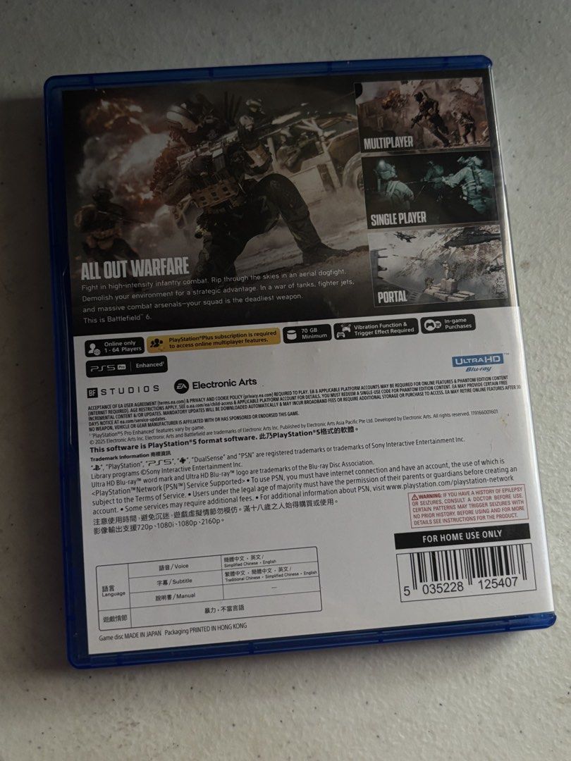 Battlefield 6 - PS5 Phantom Edition (Category: PlayStation) located in Quezon City. Submitted by andeiianascloset (Listing ID 1437461553, Image 2). Description: - Battlefield 6 for PlayStation 5 - Experience epic all-out warfare - Engage in aerial dogfights - Utilize massive combat arsenals - Features single-player and multiplayer modes - Includes Portal feature - Requires internet connection to play - Rated M18 for violence and coarse language.