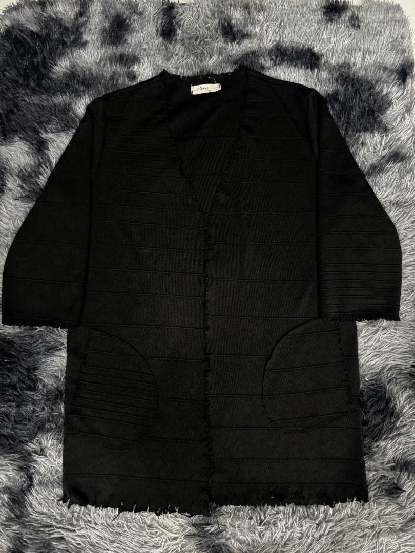 Black Ribbed Distressed Cardigan with Pockets (Category: Coats, Jackets and Outerwear) located in Puerto Princesa. Submitted by 22B_Garments (Listing ID 1437457958, Image 1). Description: WIDTH: 21 LENGTH: 32 - Black cardigan - Ribbed design - V-neck - Three-quarter sleeves - Two front pockets - Raw, unfinished edges Tornado Mart 14th Addiction Roen ifsixwasnine Y2K Visual Kei VKEI Semantic Design In The Attic Vuja De cmmawear PAF Post Archive Fa
