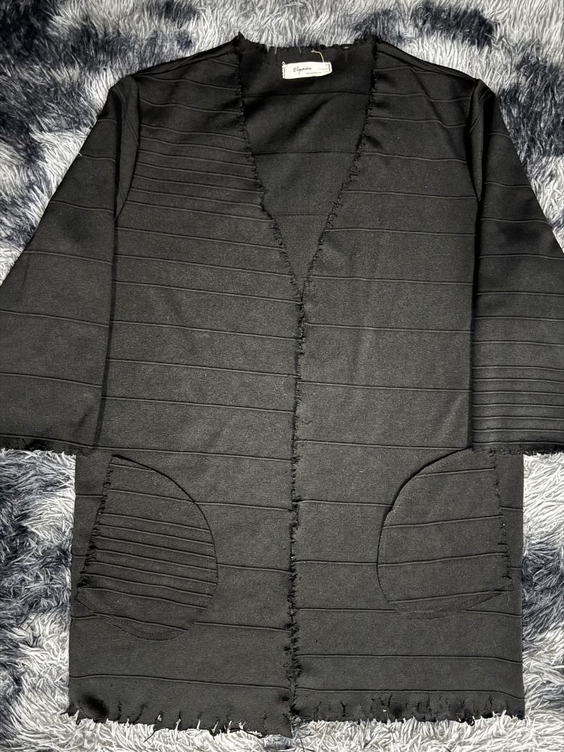 Black Ribbed Distressed Cardigan with Pockets (Category: Coats, Jackets and Outerwear) located in Puerto Princesa. Submitted by 22B_Garments (Listing ID 1437457958, Image 2). Description: WIDTH: 21 LENGTH: 32 - Black cardigan - Ribbed design - V-neck - Three-quarter sleeves - Two front pockets - Raw, unfinished edges Tornado Mart 14th Addiction Roen ifsixwasnine Y2K Visual Kei VKEI Semantic Design In The Attic Vuja De cmmawear PAF Post Archive Fa