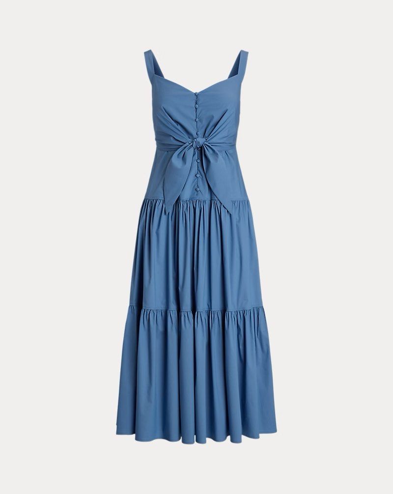 Blue Tie-Front Tiered Maxi Dress (Category: Dresses) located in Caloocan City. Submitted by italdeclutter (Listing ID 1437556469, Image 1). Description: Blue maxi dress with tie-front, tiered skirt, and V-neck. Sleeveless with wide straps. Midi length. Lightweight fabric..
