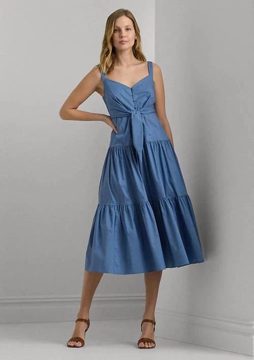 Blue Tie-Front Tiered Maxi Dress (Category: Dresses) located in Caloocan City. Submitted by italdeclutter (Listing ID 1437556469, Image 2). Description: Blue maxi dress with tie-front, tiered skirt, and V-neck. Sleeveless with wide straps. Midi length. Lightweight fabric..