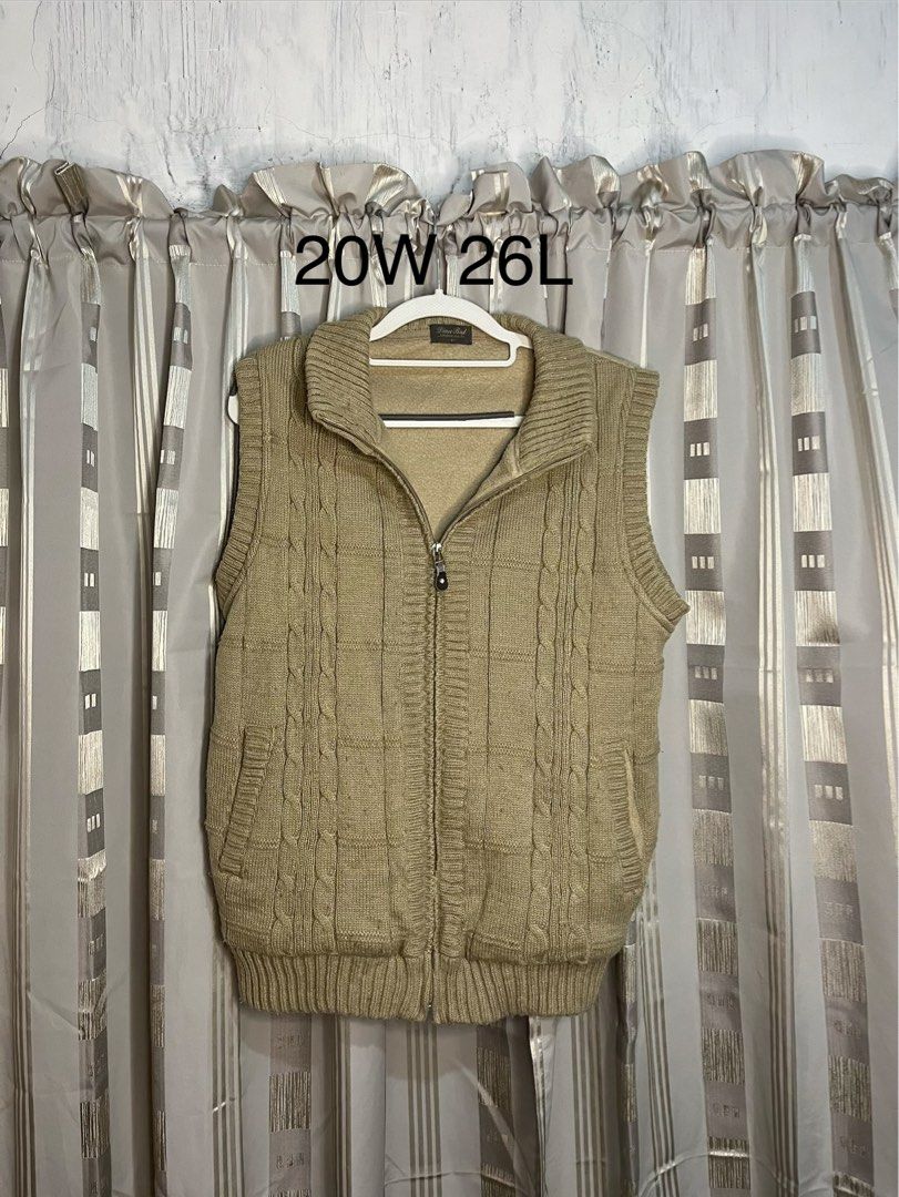 Cable Knit Vest with Zipper (Category: Vests) located in Cabanatuan. Submitted by clintjosep46618 (Listing ID 1437494480, Image 1). Description: - Cable knit vest - Full zipper closure - Two front pockets - Stand-up collar - Size: 20W 26L - Color: Light brown/tan - Sleeveless - Perfect for layering.