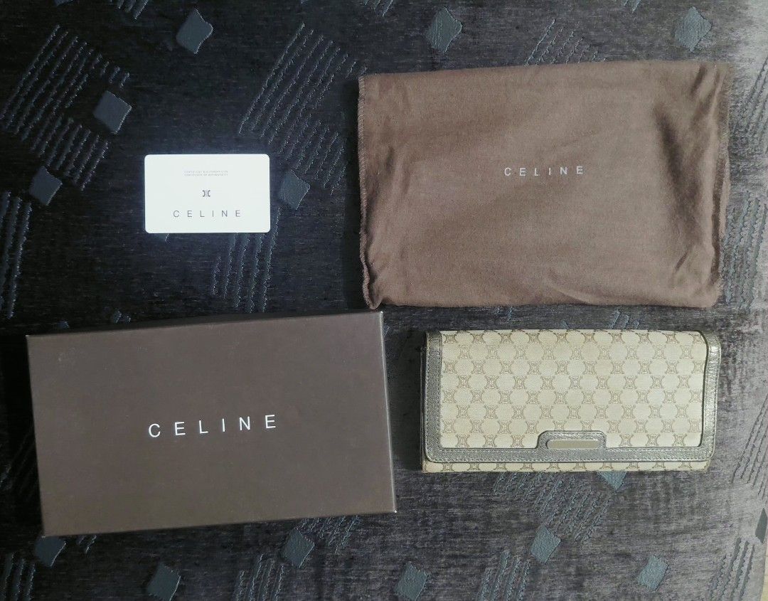 Celine Long Wallet (Category: Luxury Bags & Wallets) located in Manila. Submitted by golflheng05384 (Listing ID 1437517034, Image 1). Description: - Authentic Celine long wallet - Beige monogram exterior - Includes original box, dust bag, and authenticity card - Multiple card slots - Zippered coin compartment - Snap closure.