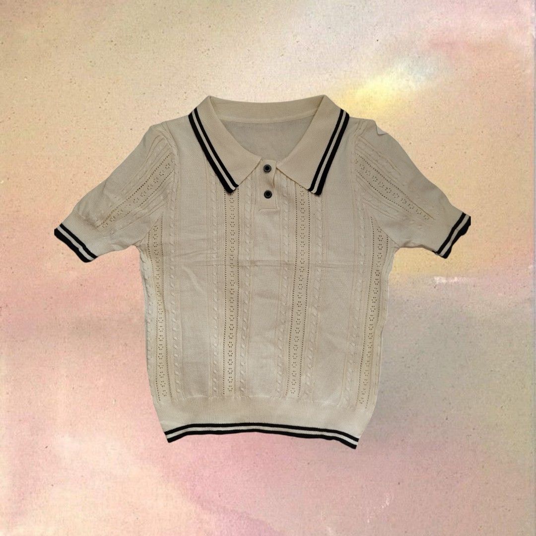 Cream Knitted Polo Shirt (Category: Blouses) located in Pasig City. Submitted by broketeenagebaddie (Listing ID 1437435291, Image 1). Description: Never been worn 🌟 - Collared neckline with two buttons - Textured knit pattern - Short sleeves - Black stripe on bottom hem.