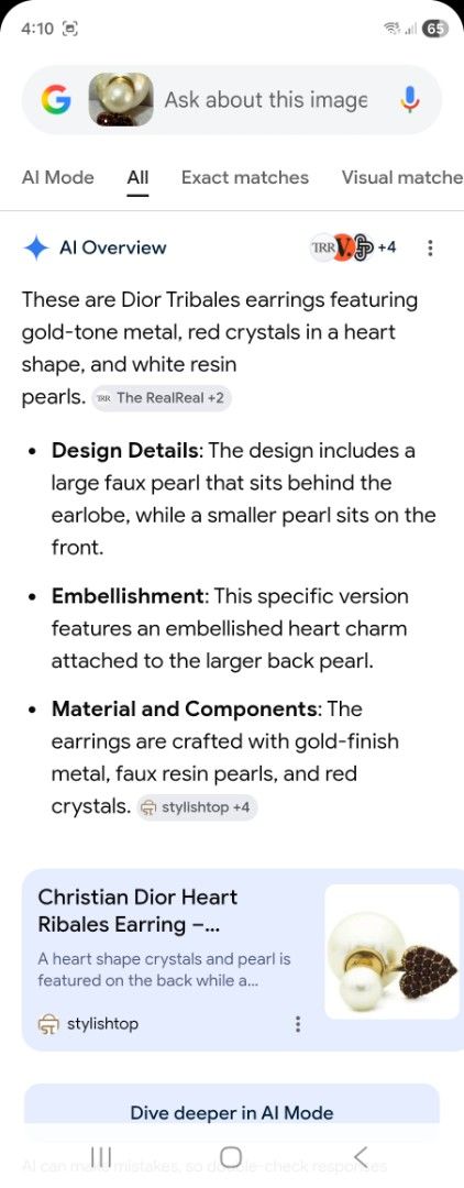 Dior Tribales Heart Earrings (Category: Earrings) located in Rodriguez. Submitted by Branded100 (Listing ID 1437476765, Image 2). Description: NO TO SCAMMERS🚫 Mag ingat po sa mga scammer, nagkalat na po sila.. - Dior Tribales earrings - Gold-tone metal - Red crystal heart detail - White resin pearls - Large pearl for the back of the ear - Small pearl for the front - Crafted with gold-finish metal, faux resin pearls, and red crystals..