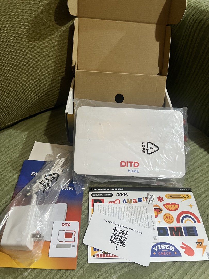 DITO Home WiFi Pro Prepaid (Category: Networking) located in Pasig City. Submitted by pattym01 (Listing ID 1437547256, Image 1). Description: - DITO Home WiFi Pro - 15 Days UNLI 5G Data starting May 12 - Starter Kit Included: - Unlimited Data - Valid for 15 Days - Up to 100 Mbps - 5G WOWFi SIM RFS: Bought for backup internet but Dito signal not good in my area. Bought for P1,205. Only used once to test. Delivered today and tested today. Back to o