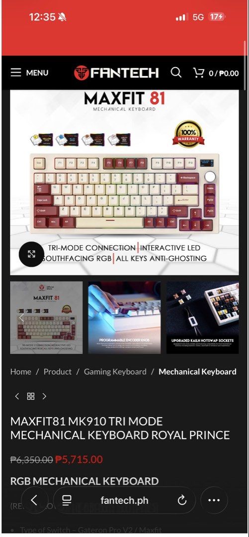 Fantech Maxfit 81 MK910 Mechanical Keyboard (Category: Computer Keyboard) located in Mandaluyong City. Submitted by ms.vecs (Listing ID 1437572737, Image 3). Description: - Fantech Maxfit 81 MK910 Mechanical Keyboard - Royal Prince color scheme - Tri-mode connection (Bluetooth, 2.4Ghz Wireless, Wired) - Interactive LED - Anti-ghosting - Selling for ₱4,500.00 (Original Price: ₱6,350.00).