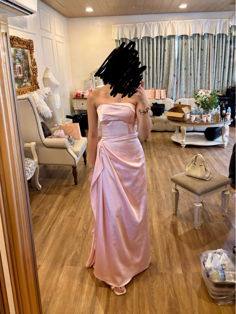 FOR RENT: Custom Silk Pink Gown (Category: Dresses) located in Pasig City. Submitted by col_m (Listing ID 1437435545, Image 2). Description: CUSTOM SILK PINK STRAPLESS GOWN Amazing quality :) Perfect for wedding guests Had this custom made for Php16k - Pink strapless maxi dress - Draped front design - Floor-length hemline - Fitted bodice - Made from smooth, satin-like fabric Size XS Bust 31-32 Waist 25-26 Php 2,000 to rent for 3 days (+200 for ea