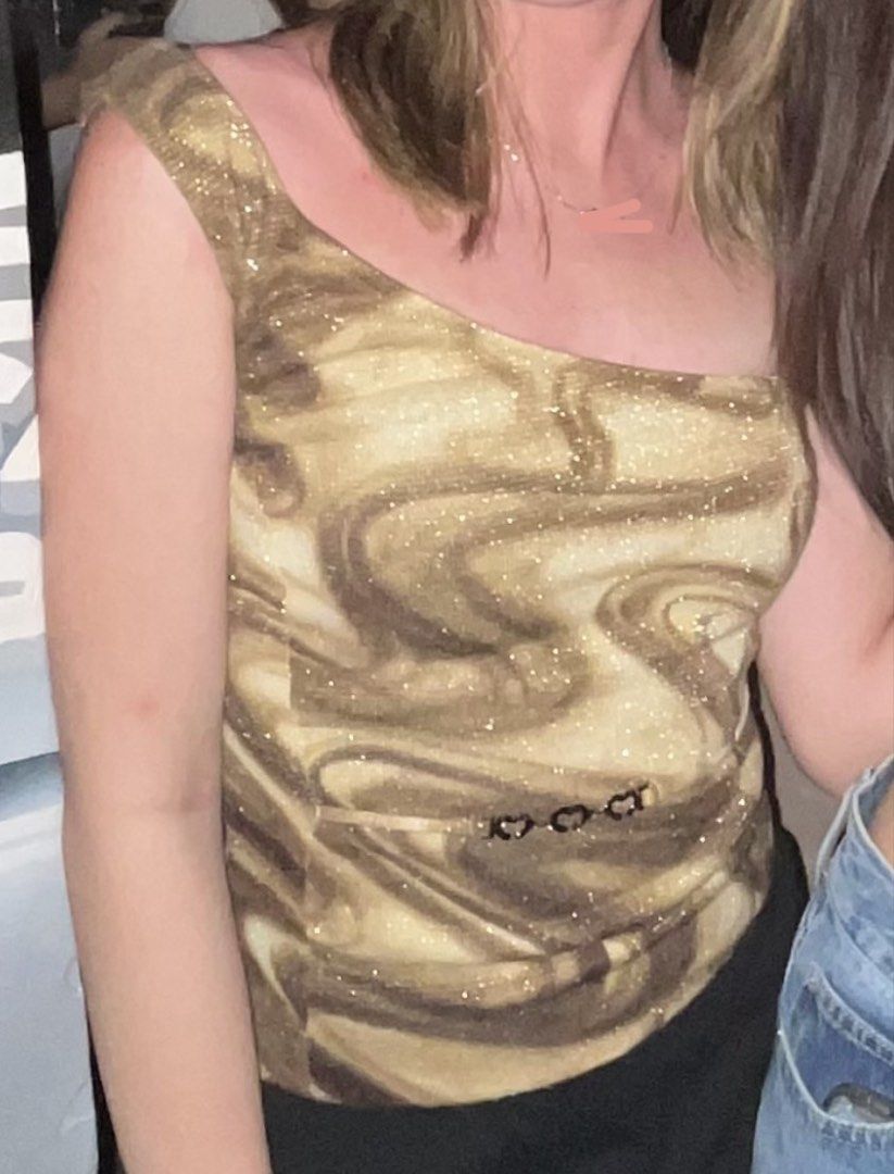 Gold One-Shoulder Swirl Print Top (Category: Blouses) located in Quezon City. Submitted by tianaspreloved (Listing ID 1437571500, Image 1). Description: - cute for bars / night-outs - worn once only - rfs: decluttering .
