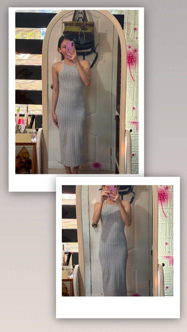 Gray Ribbed Halter Bodycon Dress (Category: Dresses) located in Bacolod City. Submitted by thriftgirlie_lorraine (Listing ID 1437502503, Image 1). Description: Gray ribbed midi dress with halter neckline. Form-fitting and versatile for casual or evening wear..