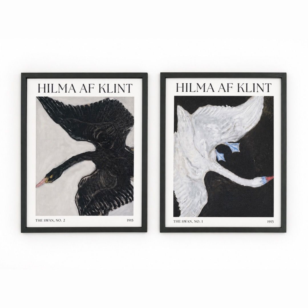Hilma af Klint 'The Swan' Prints (Category: Art & Prints) located in Las Pinas. Submitted by house42 (Listing ID 1437500216, Image 1). Description: - Set of two framed art prints. - Features Hilma af Klint's 'The Swan' series. - Includes a black swan print and a white swan print. - Both prints are from 1915. - Prints are displayed in black frames. - 40x50 cm Take Both.
