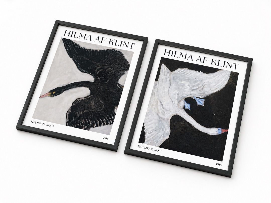 Hilma af Klint 'The Swan' Prints (Category: Art & Prints) located in Las Pinas. Submitted by house42 (Listing ID 1437500216, Image 3). Description: - Set of two framed art prints. - Features Hilma af Klint's 'The Swan' series. - Includes a black swan print and a white swan print. - Both prints are from 1915. - Prints are displayed in black frames. - 40x50 cm Take Both.