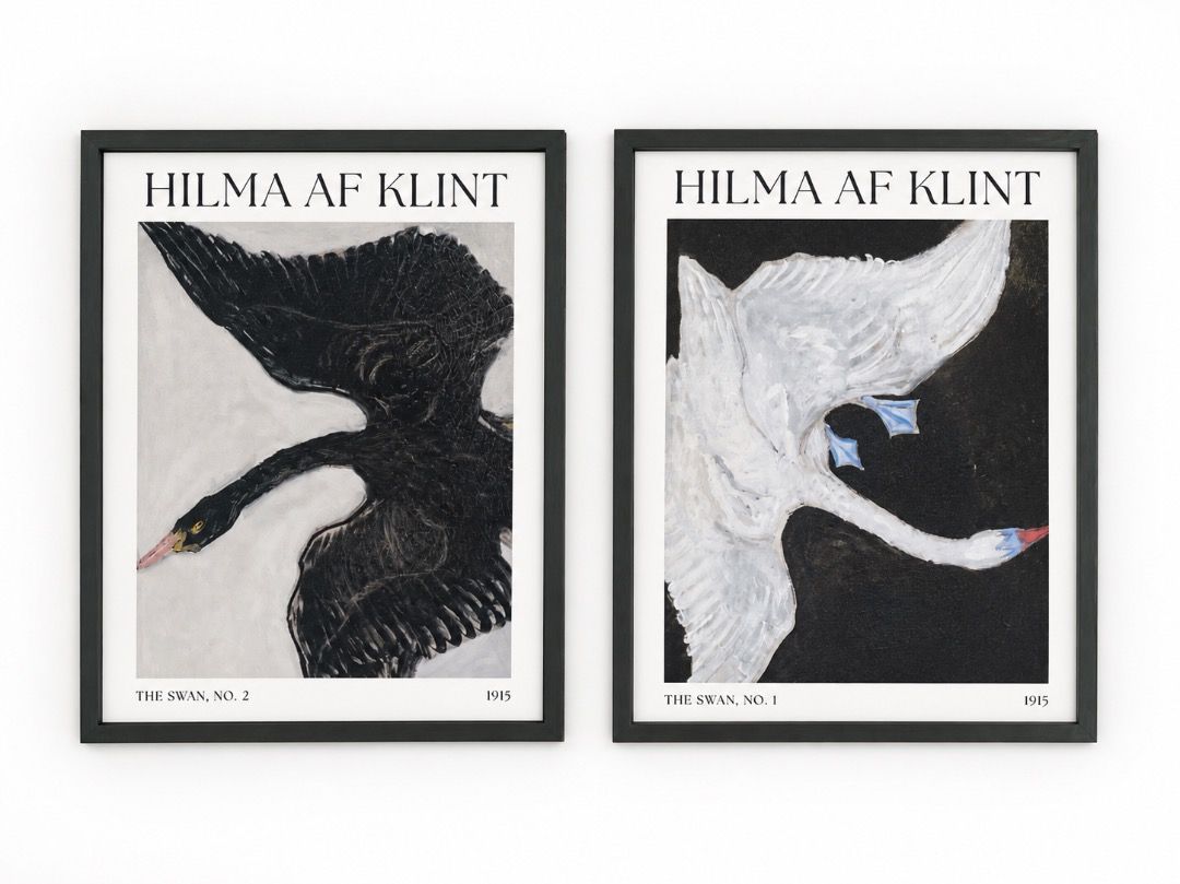 Hilma af Klint 'The Swan' Prints (Category: Art & Prints) located in Las Pinas. Submitted by house42 (Listing ID 1437500216, Image 2). Description: - Set of two framed art prints. - Features Hilma af Klint's 'The Swan' series. - Includes a black swan print and a white swan print. - Both prints are from 1915. - Prints are displayed in black frames. - 40x50 cm Take Both.