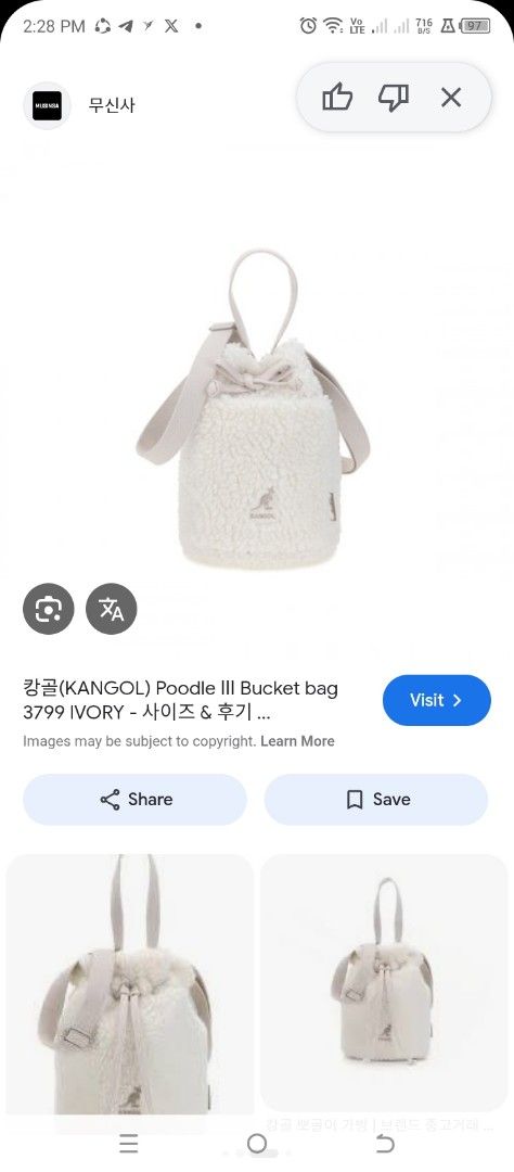 Kangol poodle III bucket bag (Category: Purses & Pouches) located in Cabuyao City. Submitted by khode025 (Listing ID 1437455614, Image 1). Description: Kangol poodle III bucket bag ivory color missing shoulder straps.