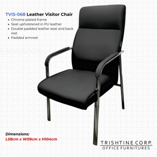Leather Visitor Chair TVIS-068 (Category: Chairs) located in Caloocan City. Submitted by trishtine_jim9 (Listing ID 1437416424, Image 1). Description: - Chrome-plated frame - PU leather upholstery - Double-padded seat and backrest - Padded armrests - Dimensions: L58cm x W59cm x H104cm - Perfect for office or home use Disclaimer: Price Is For Posting Purposes Only.