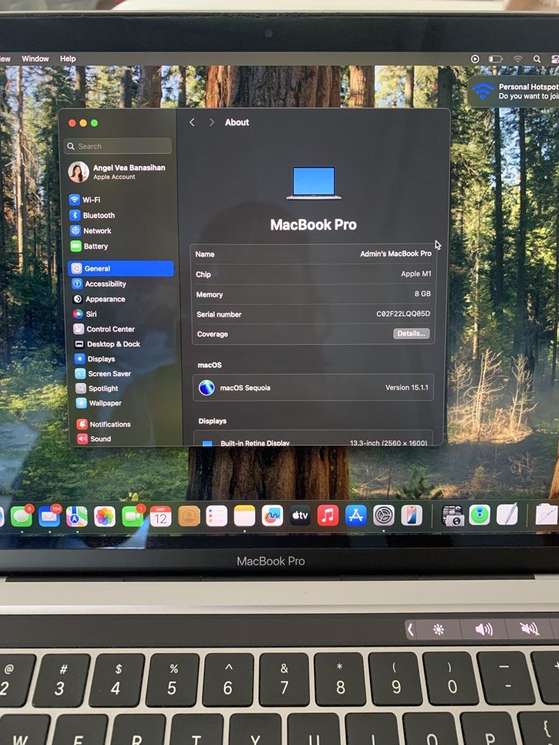 MacBook Pro 13-inch M1 (Category: Laptops & Notebooks) located in Manila. Submitted by abanasihan28794 (Listing ID 1437467605, Image 3). Description: - MacBook Pro 13-inch Retina display - Apple M1 chip - 8GB memory - 256GB storage - macOS Sequoia 15.1.1 can upgrade to tahoe Nakatambak lang kasi may bago na - Battery cycle count: 490 - Color: Silver.