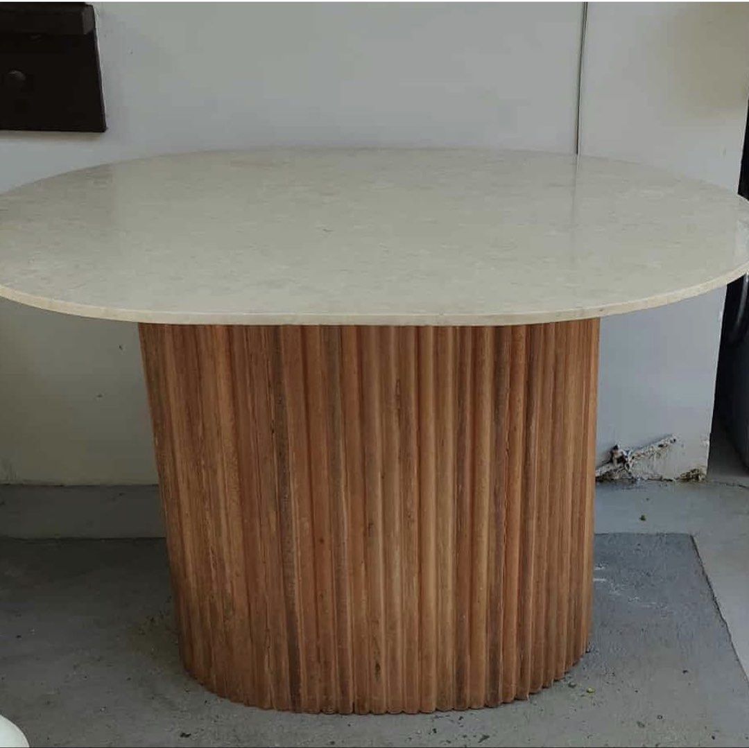 Marble Oval Dining Table with Wooden Base (Category: Tables & Sets) located in Makati City. Submitted by angeldei (Listing ID 1437538234, Image 3). Description: Custom made marble table 118cmx94cm Height: 70cm Selling for ₱30,000. Bought this for ₱45,000. Pick up in Alabang..