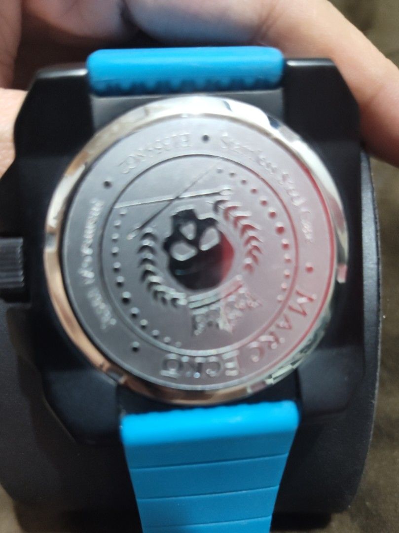 Authentic Marc Ecko Men's Chronograph (Category: Men's Watches) located in Manila. Submitted by karuselkoh (Listing ID 1437433265, Image 3). Description: This is Marc Ecko Pastime Men's Chronograph watch featuring a distinctive black IP stainless steel case paired with a vibrant blue silicone textured strap. WATER RESISTANT 💯👌 with new battery rare model heavy chrono watch.