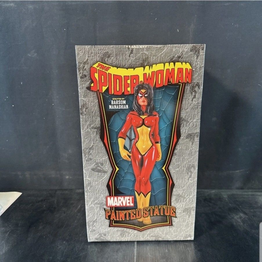 Marvel Spider-Woman Bowen Painted Statue (Category: Figurines & Statues) located in Taguig. Submitted by gowilliam.767 (Listing ID 1437566583, Image 2). Description: - Marvel Spider-Woman statue - Features Spider-Woman in her classic red and yellow costume - Statue is displayed on a circular base - Includes the original box - Perfect collectible for Marvel fans.