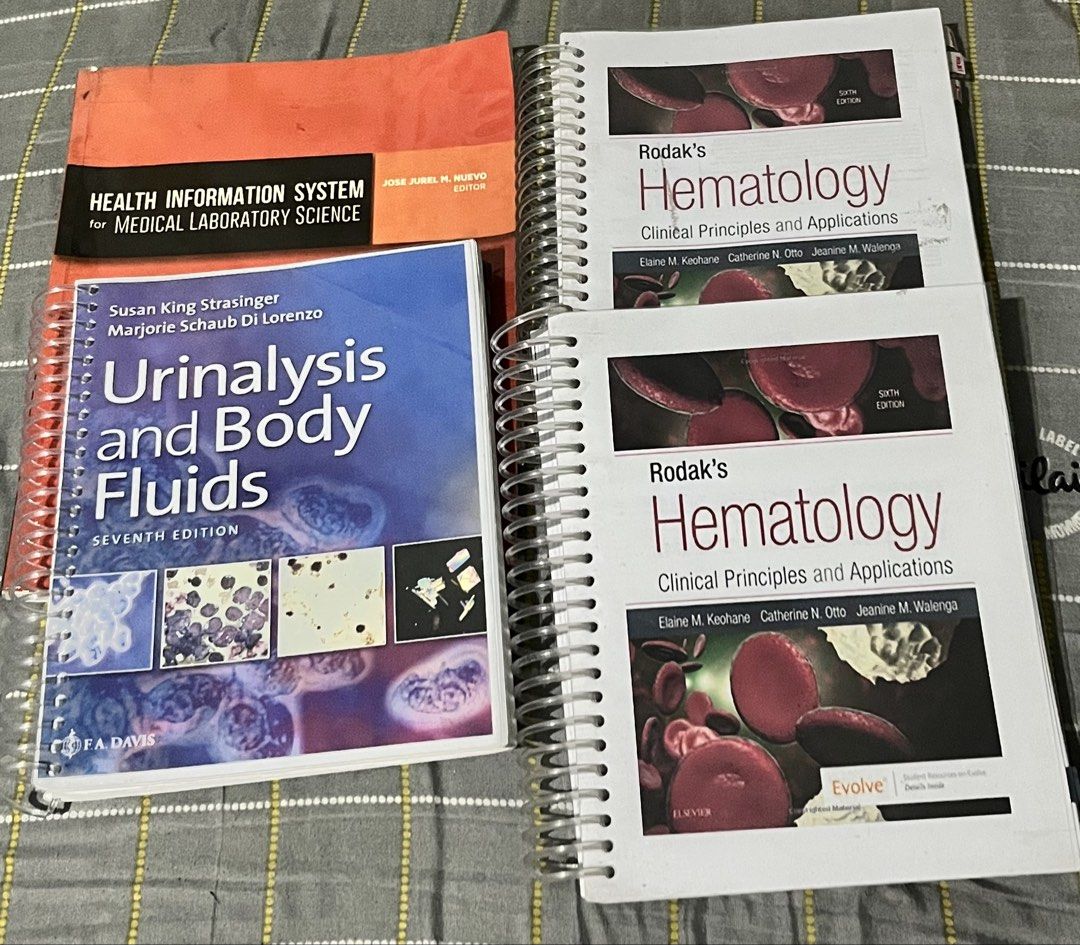 MEDTECH BOOKS rodaks strasinger HIS (Category: Textbooks) located in Rosario. Submitted by shairamitch (Listing ID 1437541353, Image 1). Description: - Rodak's Hematology: Clinical Principles and Applications (Sixth Edition), spiral-bound (₱500 each) - Urinalysis and Body Fluids (Seventh Edition), spiral-bound (₱500) - Health Information System for Medical Laboratory Science (₱200) TAKE ALL FOR ₱1,500.
