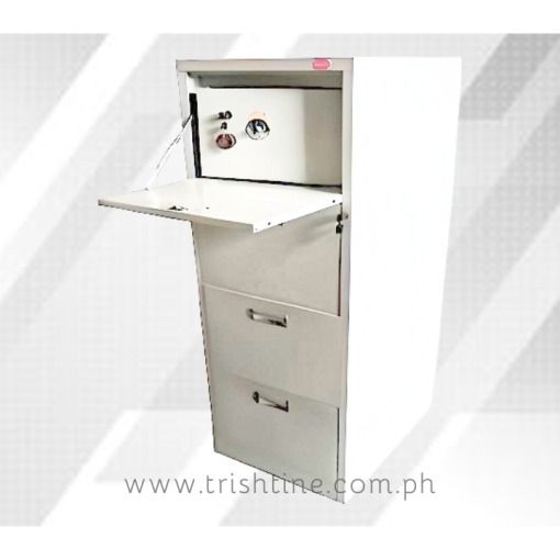 Metal Cabinet with Safety Vault (Category: Shelves, Cabinets & Racks) located in Caloocan City. Submitted by trishtine_jim9 (Listing ID 1437449590, Image 1). Description: - White metal cabinet - Multiple drawers for storage - Top compartment with dials and components - Fold-down desk surface - Two visible drawers with handles - Durable metal construction Disclaimer: Price is for Posting Purposes Only.