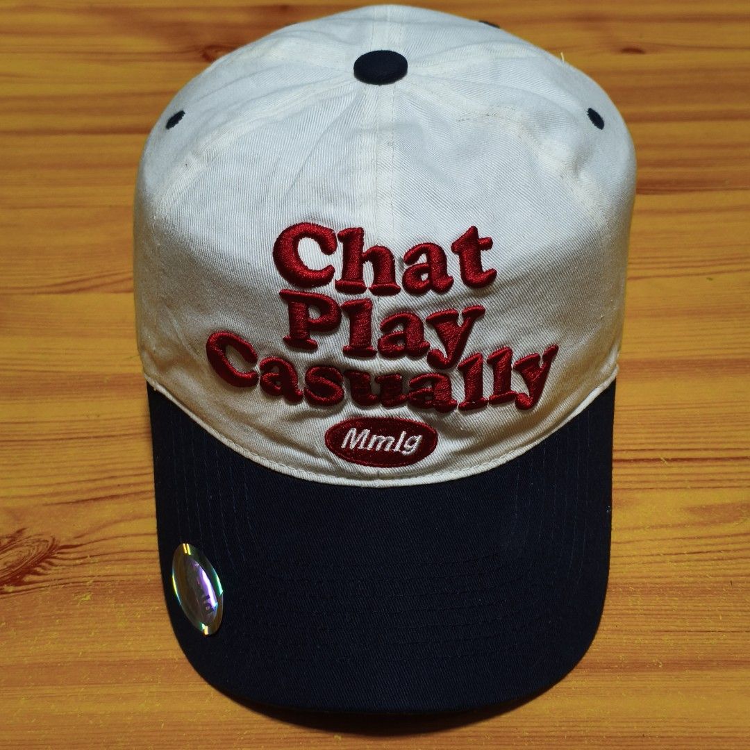 Mmlg Chat Play Casually Cap (Category: Caps & Hats) located in Manila. Submitted by caps08 (Listing ID 1437458602, Image 2). Description: - Mmlg cap - Features "Chat Play Casually" embroidery in red - White crown and navy blue brim - Adjustable strap at the back - Includes a holographic sticker.
