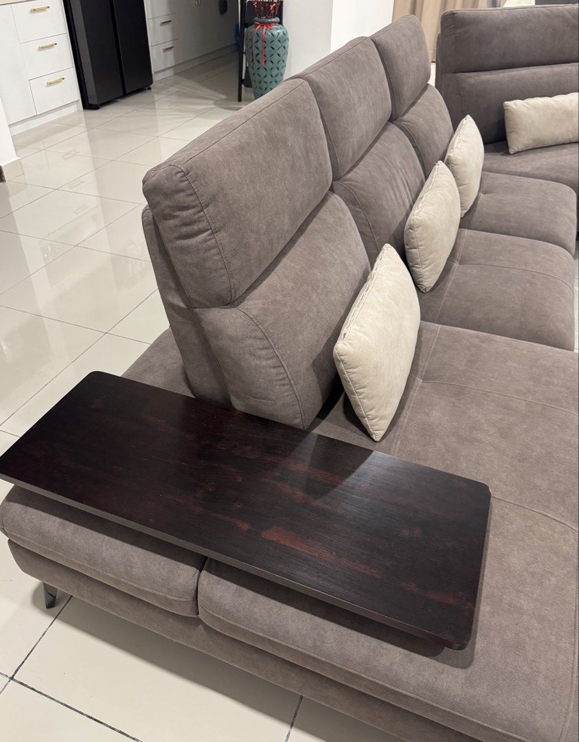 Modular Sofa with Side Table (Category: Sofas) located in Petaling Jaya. Submitted by vl_preloved (Listing ID 1437528696, Image 2). Description: - Modular sofa in neutral grey-brown - Customizable sections to fit your space - Includes built-in side table - Comes with matching throw pillows - Modern design - Comfortable, cushioned seating and backrests ❗️Self pick up at Tropicana Heights, Kajang. .