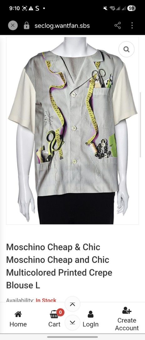 Moschino Cheap & Chic Multicolored Printed Crepe Blouse L (Category: Everything Else Others) located in Mandaue City. Submitted by chuchi152615 (Listing ID 1437406907, Image 2). Description: - Moschino Cheap & Chic blouse - Unique print featuring sewing tools - Size: L - Collared neckline - Short sleeves - Button-down front - Plain white back with zipper closure - White sleeves.