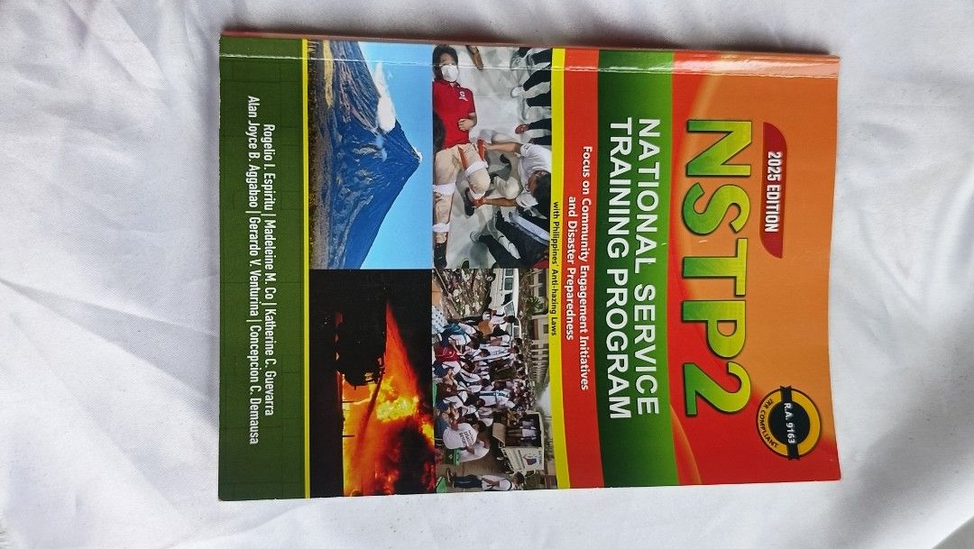NSTP 2 Textbook 2025 Edition (Category: Textbooks) located in Manila. Submitted by wilddog-15ffa7 (Listing ID 1437435018, Image 1). Description: - NSTP 2 Textbook (2025 Edition) - Focus: Community Engagement Initiatives - Publisher: Mutya Publishing House - Has missing pages, minimal highlights.