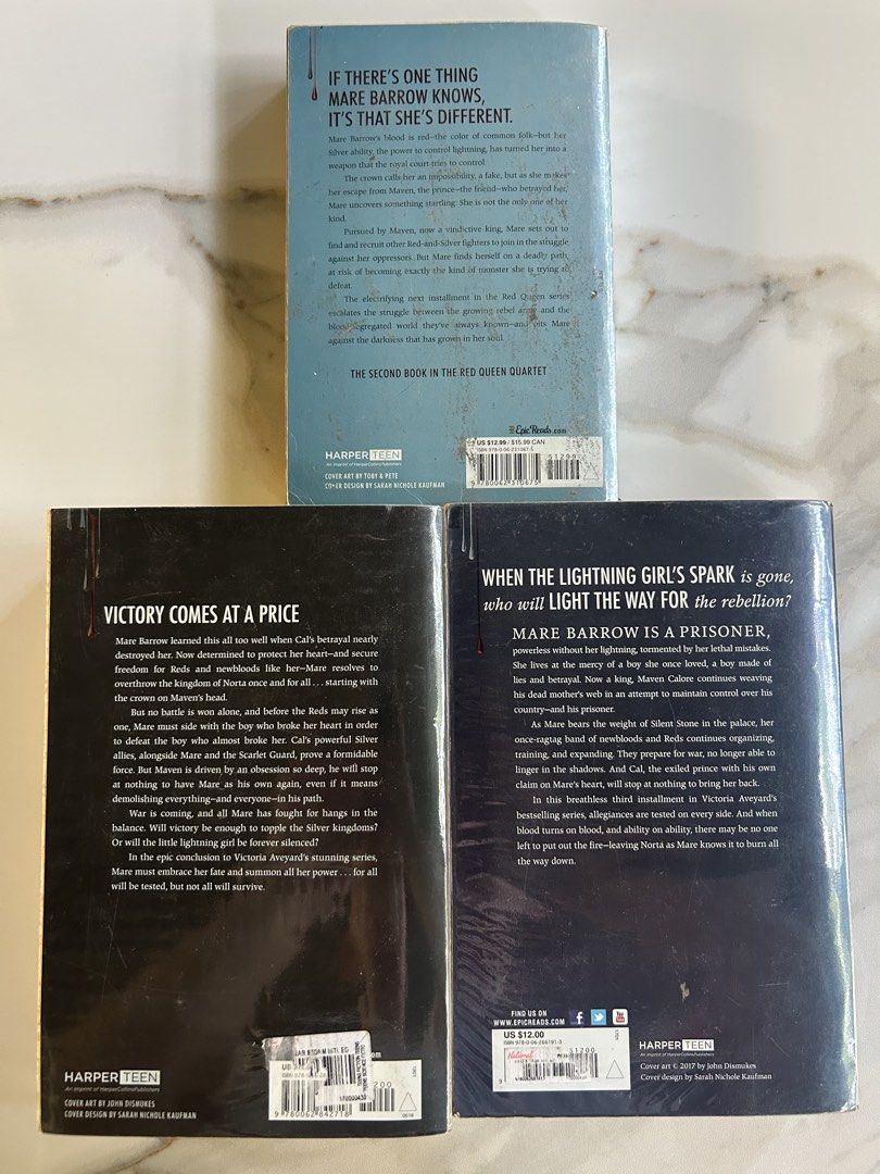 PRELOVED BOOKS - Red Queen series (Category: Storybooks) located in Dasmarinas. Submitted by vminniescart (Listing ID 1437448155, Image 2). Description: Glass Sword, Kings Cage & War Storm: ₱980 set - has foxing at the top & bottom part - has plastic cover 💵 BDO/ Gotyme/ Union Bank 📍 Dasmariñas City, Cavite.